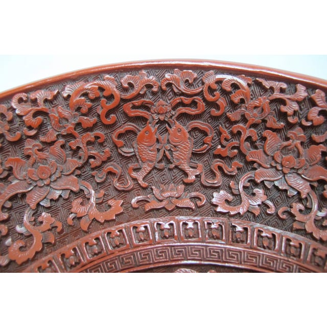 Chinese Carved Cinnabar Red Lacquer Lotus Bat Fish Design 11 1/4" Charger Plate For Sale - Image 13 of 14