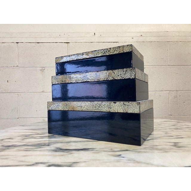 Crate & Barrel Set of 3 Crackle Finish Lacquer Nesting Boxes For Sale - Image 4 of 11