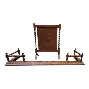 1930s Jacobean Style Barley Twist Oak Fireplace Screen and Fender Set- 2 Pieces