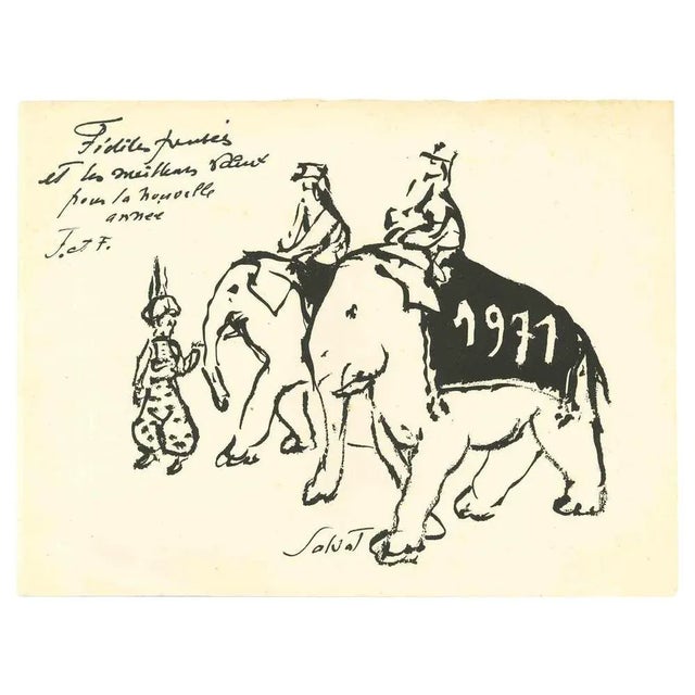 The Elephant Riders is an Original Black Marker Drawing realized by François Salvat in 1971. Hand-signed. Good conditions...