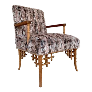 Hickory Chair Custom Asian Modern Carved Raw Wood Bamboo Faux Fur Lounge Chair