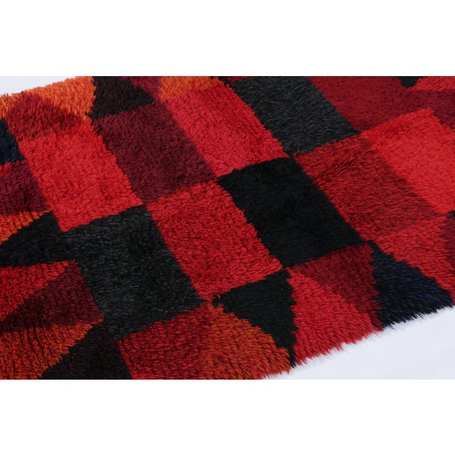 Rug & Kilim Vintage Swedish Rya Rug, Red and Black Geometric Pattern - Rug & Kilim For Sale - Image 4 of 8
