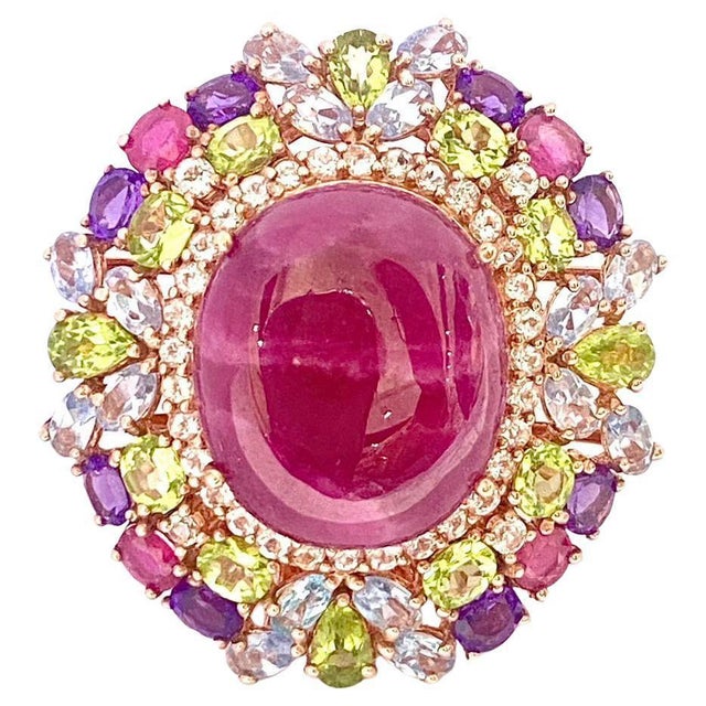 Ruby Red Bochic "Orient" Vintage Ruby, Peridot & Amethyst Ring Set In 18 K Gold & Silver For Sale - Image 8 of 8