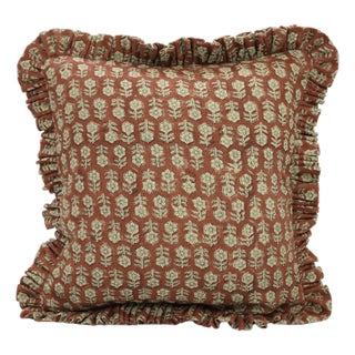 Fabdivine Handcrafted Block Print Frill Cushion Cover Rust 12x20 Inch Thick Linen- Tulsi Buti For Sale