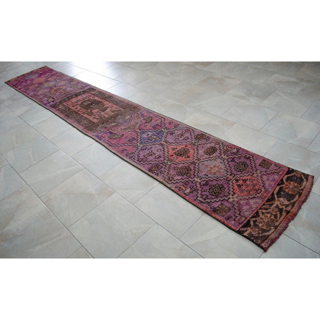 1960s Hand-Knotted Turkish Runner Rug . Low Pile Full Tribal Design Narrow Runner Rug 2′2″ × 13′4″ For Sale - Image 5 of 16