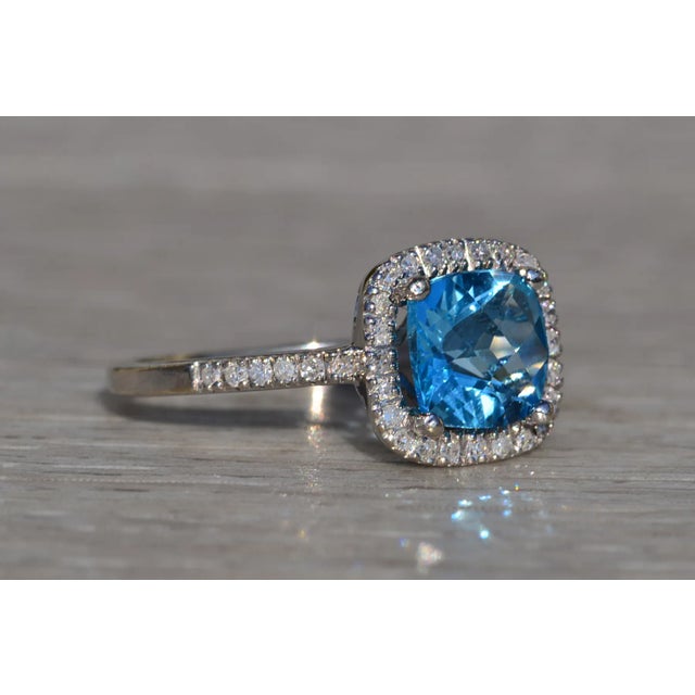 Metal The San Bruno: Ladies 14K Checkerboard Cushion Cut Topaz and Diamond Halo Ring For Sale - Image 7 of 10