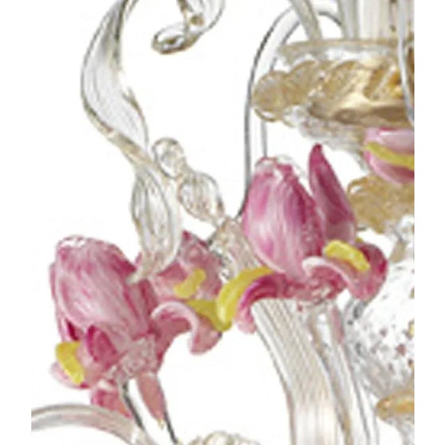 Classical venetian pink floreal Murano glass chandelier. All made by hand in clear Murano glass with gold-leaf trimming...