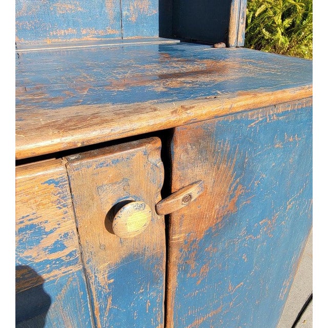 Metal Early 19Thc Original Blue Painted Step Back Pewter Cupboard For Sale - Image 7 of 9