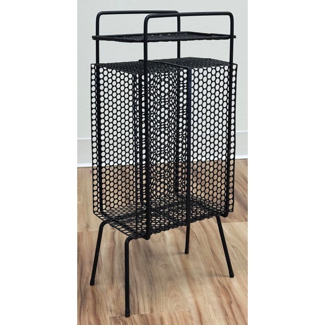 Black Vintage MCM Perforated Mesh Metal Atomic Magazine Holder Side Table Telephone Stand For Sale - Image 8 of 10