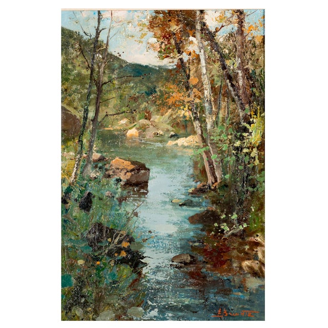 Impressionist Mid 20th Century Ezelino Briante “Hidden River” Signed Italian Landscape Oil Painting in Gilt Frame For Sale - Image 3 of 6