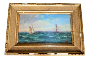 German Painting of Seascape In Gilded Antique Frame