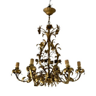 Six-Light Floral Chandelier in Gold Metal, Italy, 1960 For Sale
