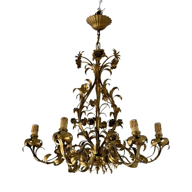 Six-Light Floral Chandelier in Gold Metal, Italy, 1960 For Sale