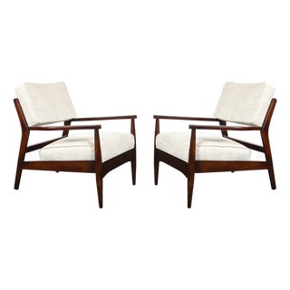 Pair of Mid-Century Modern Walnut Armchairs With Off-White Textural Upholstery For Sale