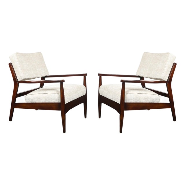 Pair of Mid-Century Modern Walnut Armchairs With Off-White Textural Upholstery For Sale