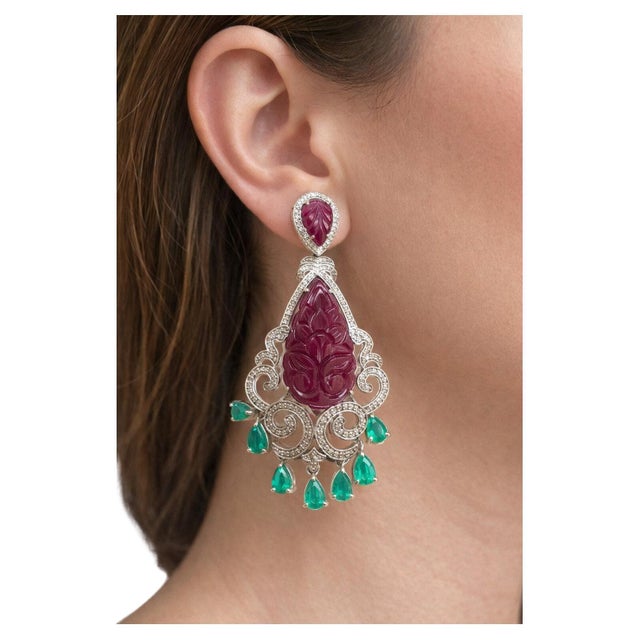 Late 20th Century Bochic “Capri” Vintage Emerald, Ruby & Diamond Earrings Set In 18K Gold & Silver For Sale - Image 5 of 13