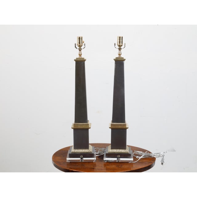 Pair of French Midcentury Steel and Brass Truncated Obelisk Table Lamps For Sale - Image 10 of 10