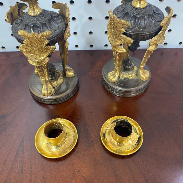 Bronze Pair of Early 20th Century Georgian Bronze Regency Style Patinated Bronze and Ormolu Candlesticks For Sale - Image 8 of 11
