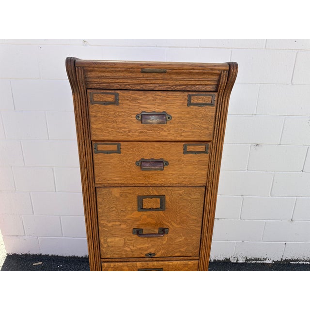 Antique Five Drawer Oak and Brass File Cabinet Yawman & Frbe MFG Co. For Sale - Image 13 of 18