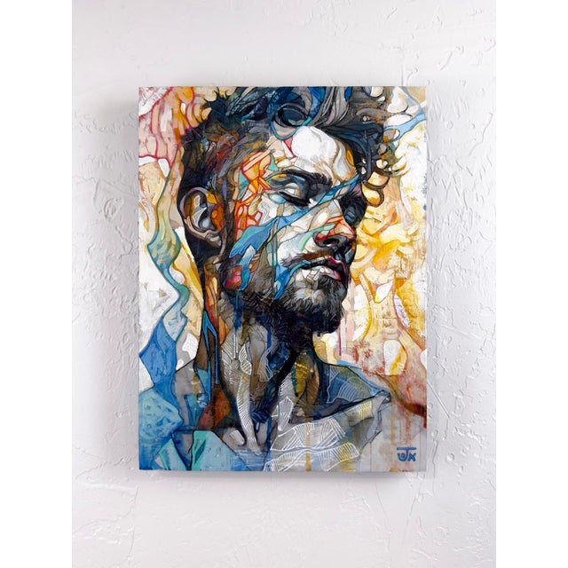 In "The Veil of Now," a striking mixed media composition captures the essence of a contemplative figure, whose features...