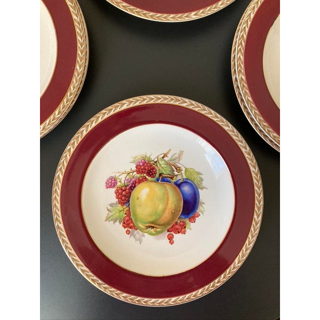 Early 20th Century Crown Ducal Red Burgundy and Gold Border Fruit Decorated Porcelain Plates- Set of 6 For Sale In New York - Image 6 of 18