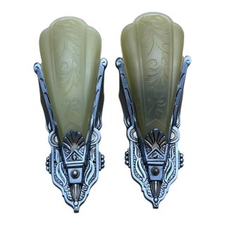 1930s One Pair Dark Silver and Gold Amber Slip Shade Wall Sconces #2583 For Sale