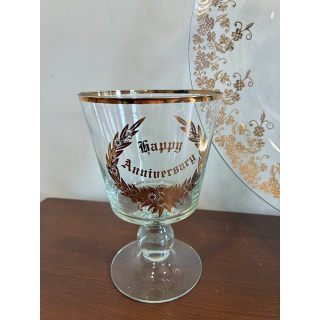 Traditional Vintage “Happy Anniversary” Gold Floral Glass Plate and Goblet Set For Sale - Image 3 of 9