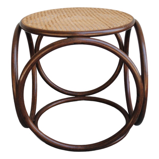 1960s Bentwood and Wicker Round Stool Ottoman For Sale