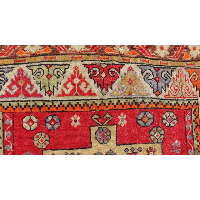Tribal Colorful Antique Turkish Small Oushak Carpet in Multi Layered Design For Sale - Image 3 of 14