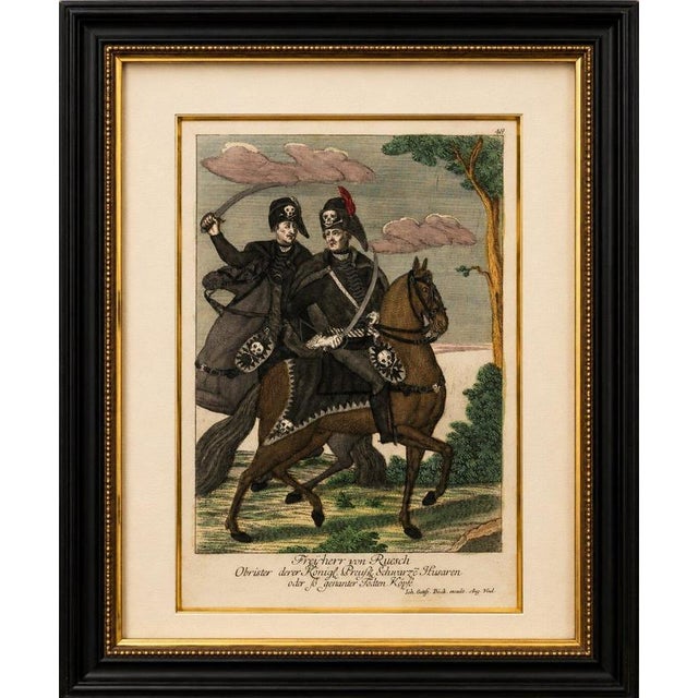 Title: Death's Head Skull Hussars, Freiherr von Ruesch, Hand-Colored Engraving : A striking original eighteenth-century...