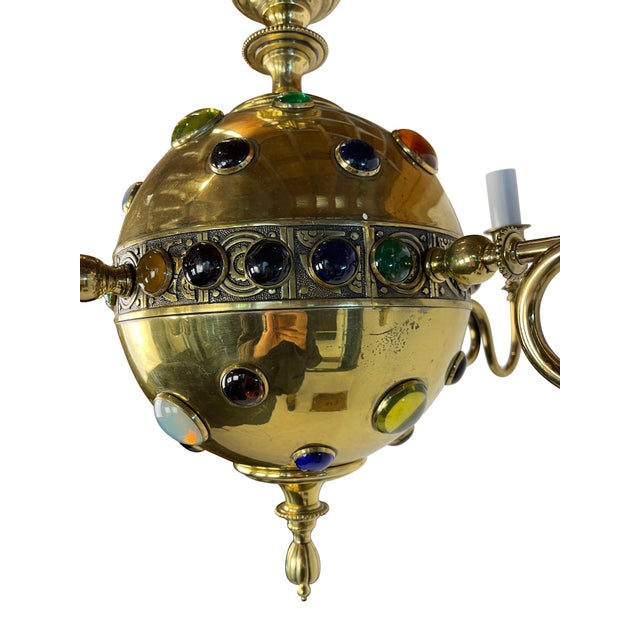 Early 20th Century Brass Moroccan Style Chandelier with Colored Stones For Sale - Image 9 of 18