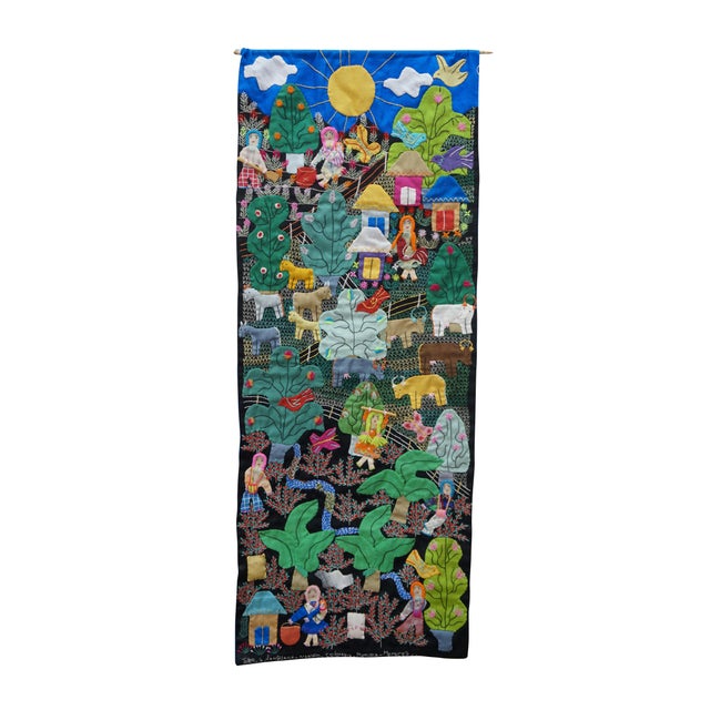 Vintage handmade South American / Colombian folk art wall hanging arpillera tapestry textile, featuring a raised...