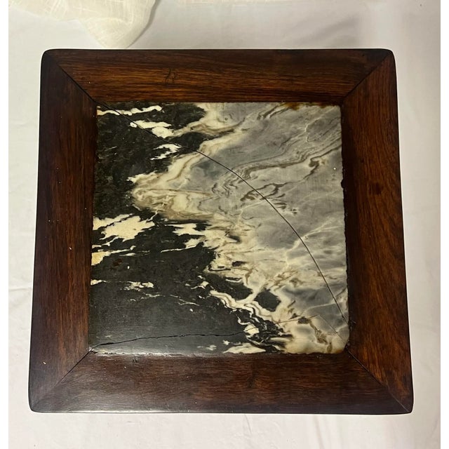 Vintage Chinoiserie Asian Carved Wood Side Tables Stands With Lotus Flower Design and Marble Top-a Pair For Sale - Image 11 of 12