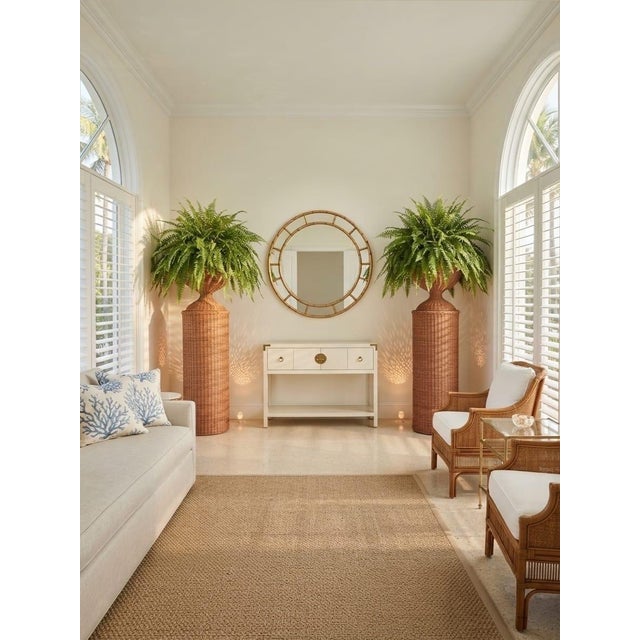 Pair of Vintage Woven Wicker Column Pedestals & Hourglass Urn Planters For Sale - Image 9 of 12