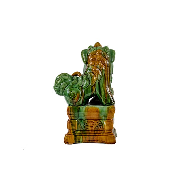 Rare Mid-Century Modern Chinese Ceremic Food Dogs in Vibrant Sancai-Style Green & Amber Drip Glaze For Sale - Image 9 of 12