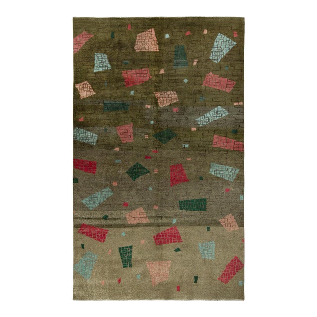 1960s Vintage Art Deco Rug in Green, Pink and Blue Geometric Pattern For Sale