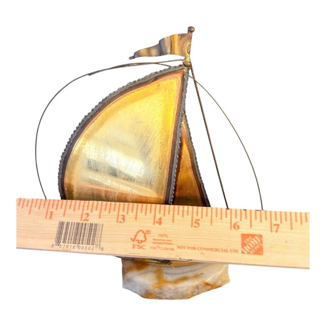 Brass Vintage Metal Sailboat Sculpture on Stone Base, Brass Tone Nautical Decor, Mid Century Style Coastal Desk Art For Sale - Image 8 of 8