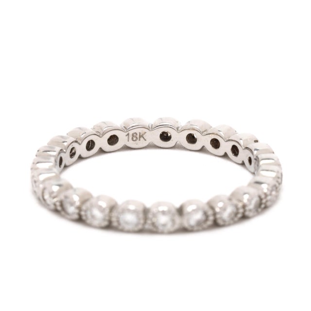 Modern 0.35ctw Bezel Milgrain Diamond Eternity Band Ring, 18k WhiteGold, Ring Size 5.25 For Sale - Image 3 of 6