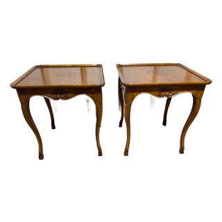 Vintage French Provincial Style Fruitwood Square Lamp Side Tables With Drawers by Bodart. For Sale