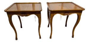 Vintage French Provincial Style Fruitwood Square Lamp Side Tables With Drawers by Bodart.