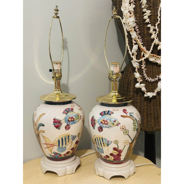Vintage Hand Painted Coastal Fish Lamps - A Pair For Sale In Miami - Image 6 of 8