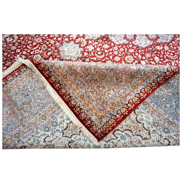 Vintage Kashmiri Tabriz Silk 9x12 Red, Ivory & Light Blue Handmade Area Rug #1144057 For Sale - Image 15 of 15