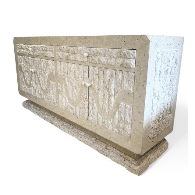 A striking postmodern sideboard by Renoir Designs, California, dating to the 1980s. The piece is clad in tessellated...