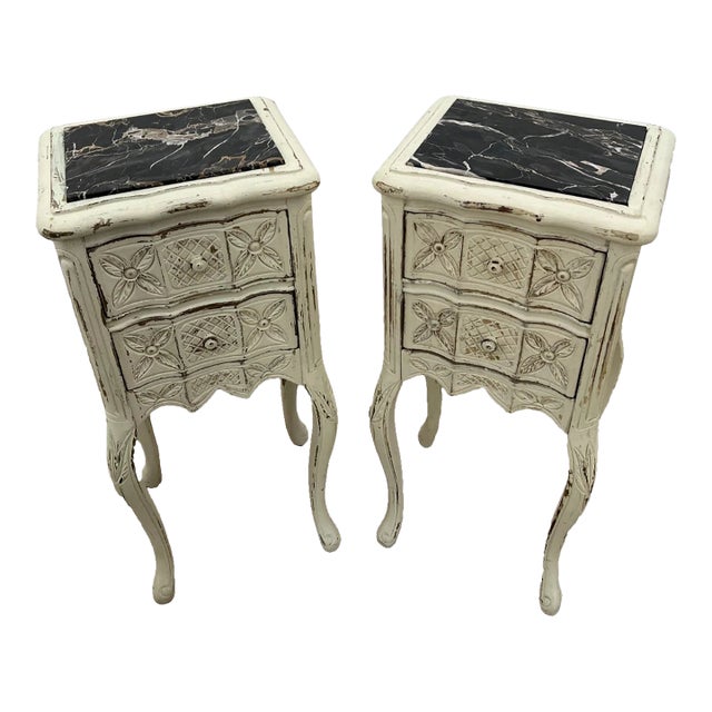 Early 20th Century French Nightstands Bedside Chests Marble Top Shabby Chic Distressed Petite Size For Sale