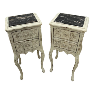 Early 20th Century French Nightstands Bedside Chests Marble Top Shabby Chic Distressed Petite Size