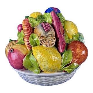 Large Vintage Terra Cotta Glazed Della Robbia Ceramic Woven Basket With Fruit Assortment For Sale