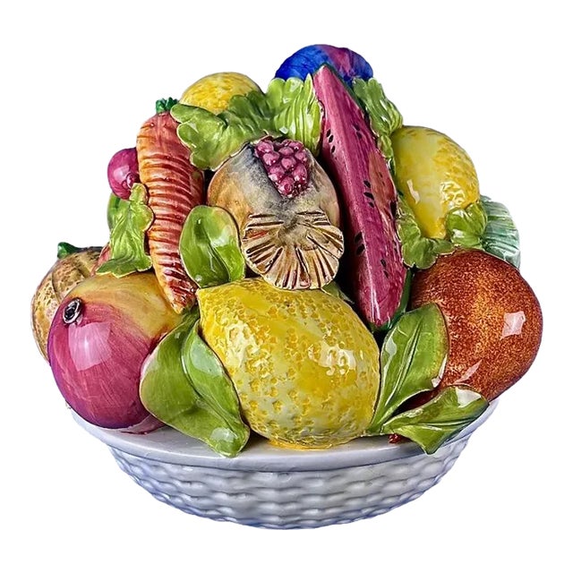 Large Vintage Terra Cotta Glazed Della Robbia Ceramic Woven Basket With Fruit Assortment For Sale