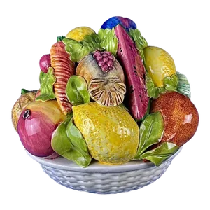 Large Vintage Terra Cotta Glazed Della Robbia Ceramic Woven Basket With Fruit Assortment