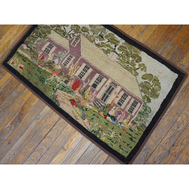 American Special Ivory Background With Black Border Figurative Pattern Pictorial Design Vintage American Hooked Rug For Sale - Image 3 of 15