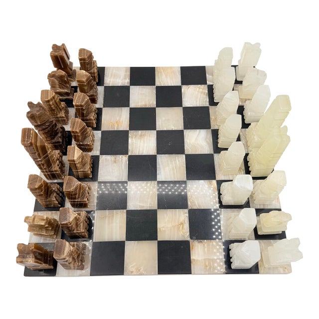 Vintage Hand Carved Marble & Onyx Chess Set With Sculptural Aztec Inspired Pieces For Sale